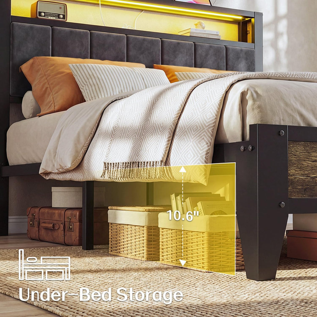 OLEVS Full Bed Frame Metal Platform Bed Queen Size with 2-Tier Storage & LED Light Headboard & Footboard, Charging Station Type C, No Box Spring Needed