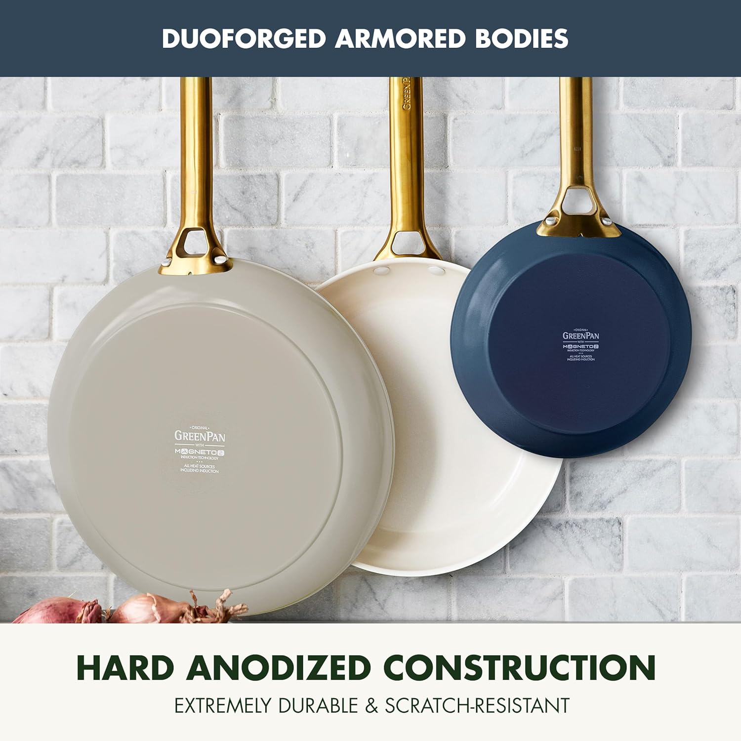 GreenPan 3 Piece Ceramic Cookware Set, Non Stick Frying Pans (8' 10' & 12' Skillets), PFAS-Free Non-Toxic Induction Cookware, Hard Anodized, Kitchen Pots, Dishwasher Safe, Navy, Taupe, Cream