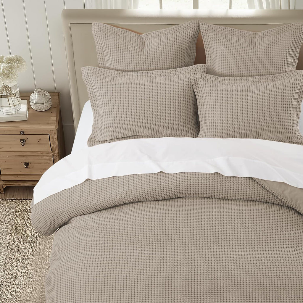 Levtex Home Mills Waffle Queen Duvet Cover Set (90x94in) with 2 Pillow Shams (26x20in) - Beige Fawn - 100% Cotton Queen Size Duvet Cover Set - Soft, Pre-Washed