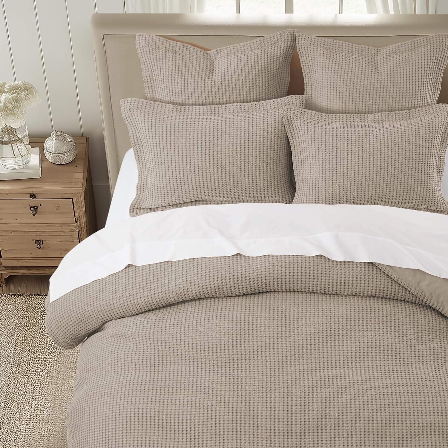 Levtex Home Mills Waffle Queen Duvet Cover Set (90x94in) with 2 Pillow Shams (26x20in) - Beige Fawn - 100% Cotton Queen Size Duvet Cover Set - Soft, Pre-Washed