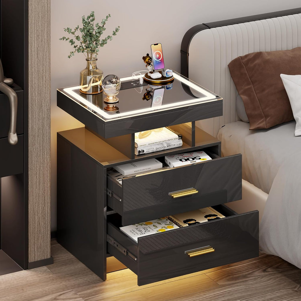 LED Nightstand with Wireless Charging Station - Modern Night Stand with Lights, Glass Top Bedside Table with Drawers for Bedroom, Glossy End Table with Human Body Induction (Black)