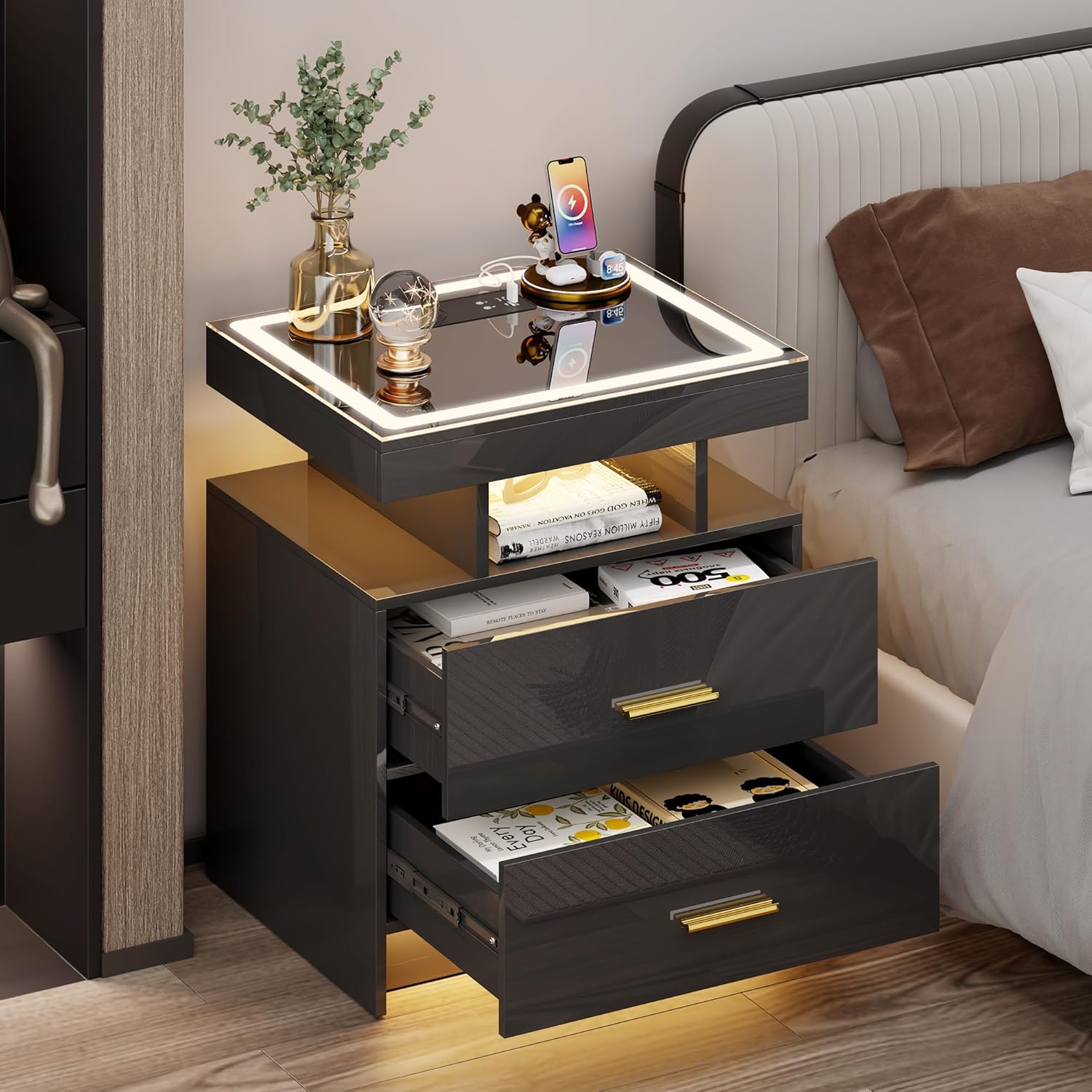 LED Nightstand with Wireless Charging Station - Modern Night Stand with Lights, Glass Top Bedside Table with Drawers for Bedroom, Glossy End Table with Human Body Induction (Black)