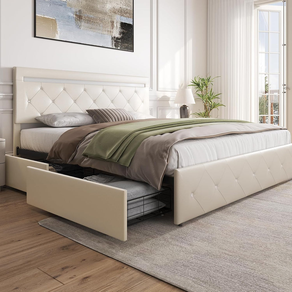 Benevika Full Size Bed Frame with 4 Drawers and LED Light, Charge Station, PU Leather Upholstered Platform Storage Bed with Adjustable Headboard, Wooden Slats Support, No Box Spring Needed, White