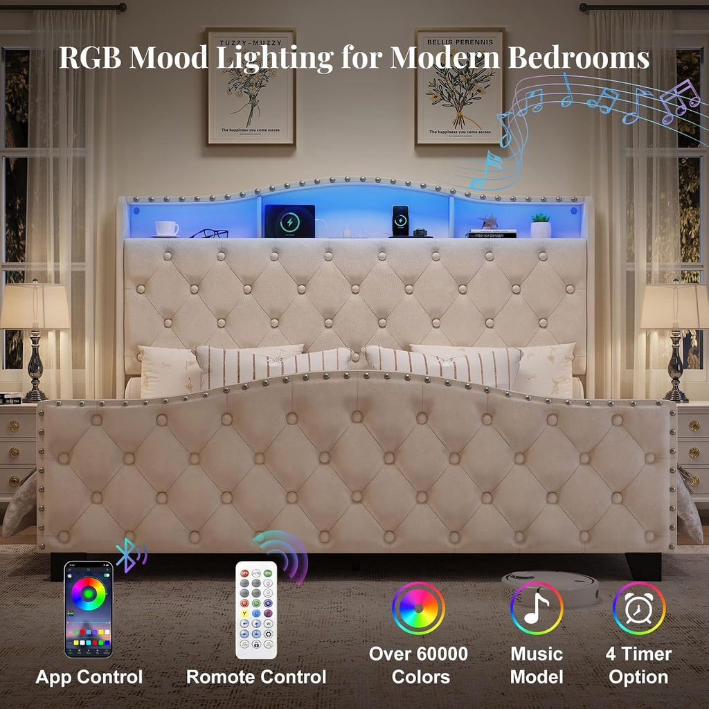 Belffin Queen Size Bed Frame and Headboard, 50.9' Velvet Upholstered Wingback Bedframe with LED Lights & Storage/Charging Station, Button Tufted Tall Footboard, No Box Spring Needed, Noise-Free, Beige