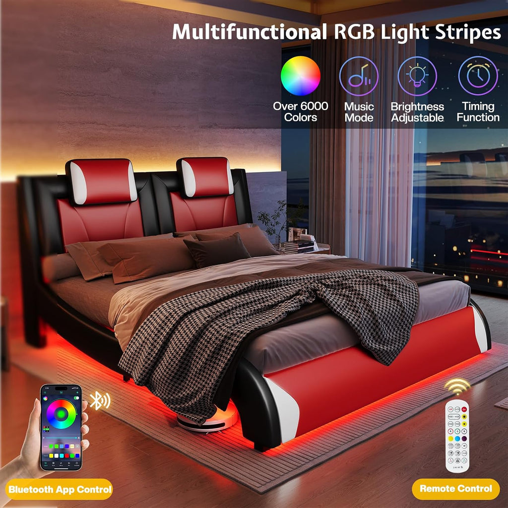 Jocisland LED Full Size Bed Frame, Modern Faux Leather Upholstered Platform Bed Frames with Headrest Headboard, Low Profile Beds with Wave-Like Curve Design, No Box Spring Needed, Easy Assembly, Red