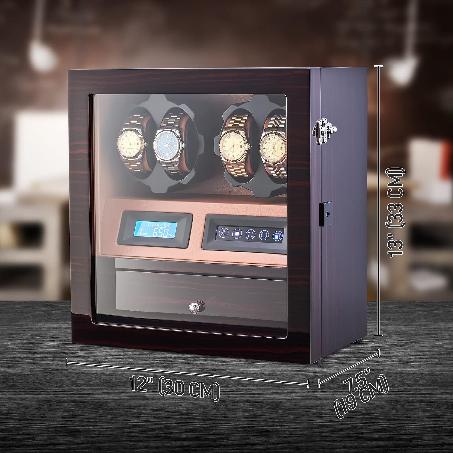 4 Watch Winder with 5 Watch Storage Space, LCD Display, Touch Control and Interior Light