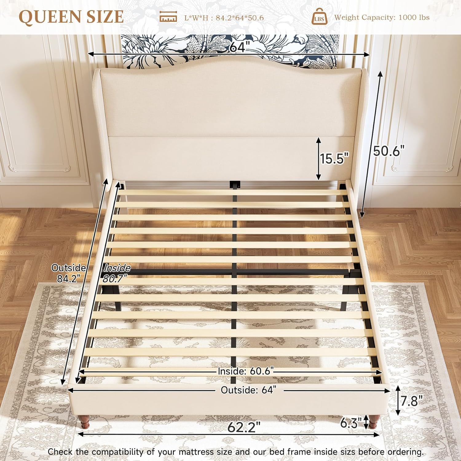koorlian Queen Size Bed Frame Upholstered Platform Bed with 51' Tall Headboard Wingback, Soft Fabric, Retro Simple Style Platform Bed No Box Spring Needed, Easy Assembly, Beige