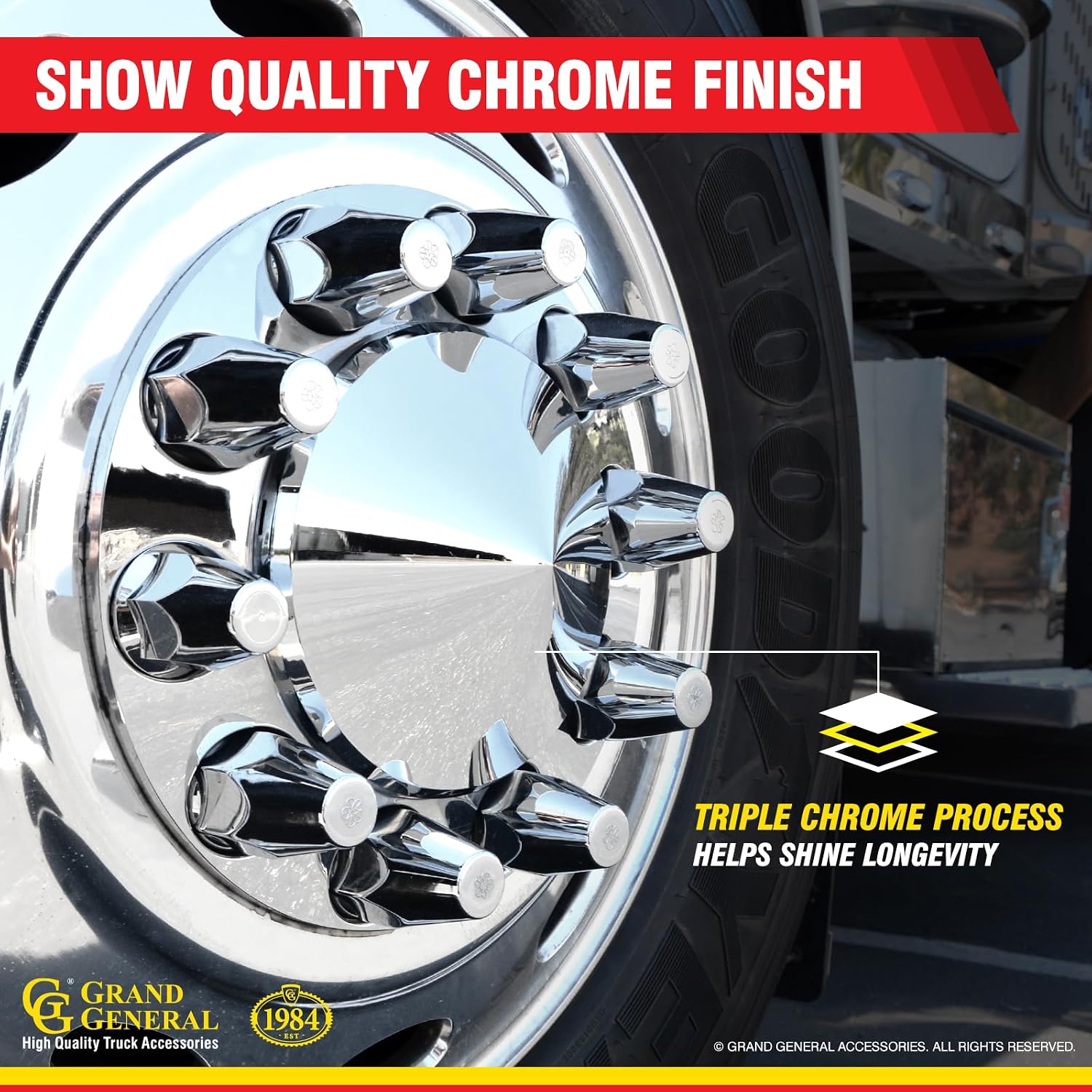 GG Grand General 40233 Chrome Plastic Complete ABS Axle Set (2 Front & 4 Rear) w/Cone Style Hub Caps and Push-On 33mm Lug Nut Covers for Trucks, 4 Pack, '33mm x 3'''