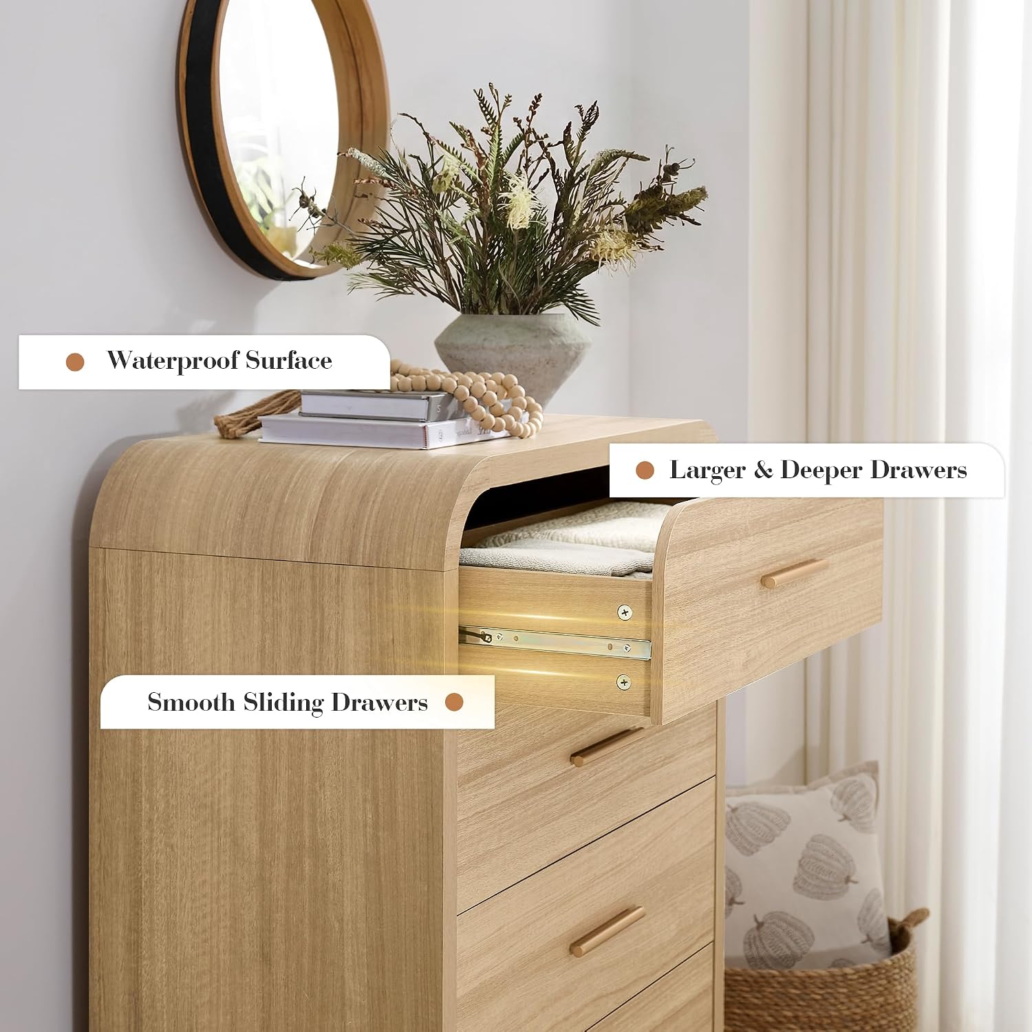 Curved 5-Drawer Dresser for Bedroom, 45.59' Tall Modern Chest of Drawers, Wooden Chest of Drawers for Living Room, Closet Storage Organizer Furniture, Nursery, Hallway, Oak