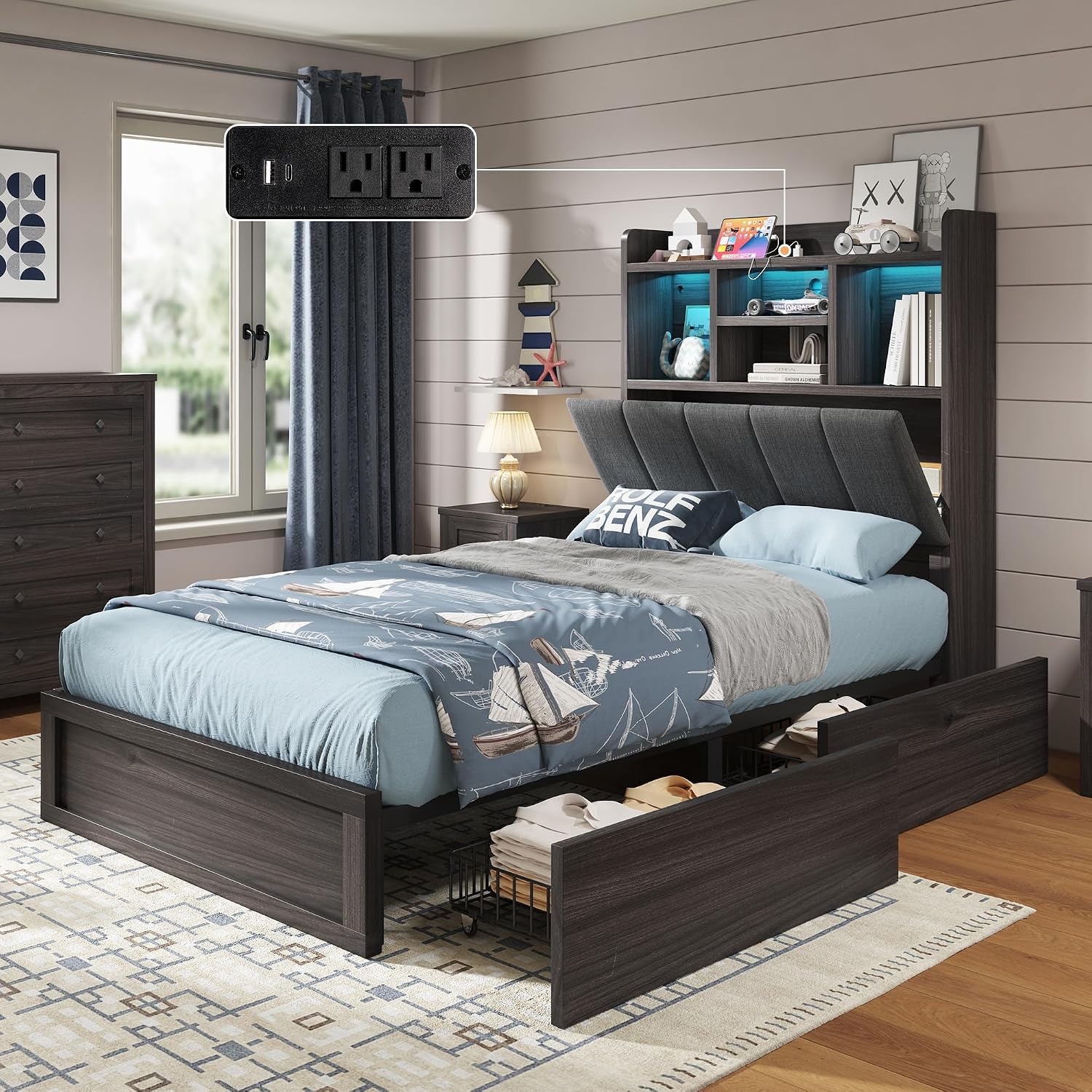 AMERLIFE Twin Bed Frame with 51.2' Tall Bookcase Headboard, Farmhouse Platform Bed with 4 Storage Drawers, Linen Upholstered, Charging Station & Storage, Rustic Black