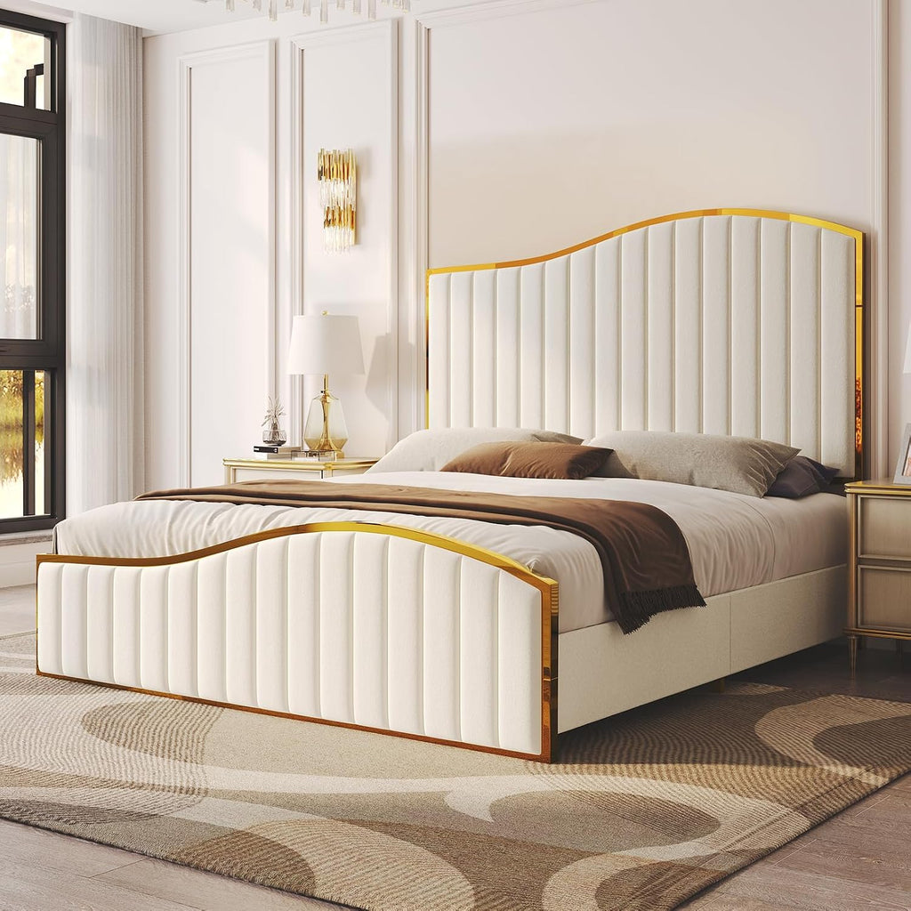 AMERLIFE King Size Bed Frame with 61.4' Tall Headboard, Velvet Upholstered Platform Bed with Gold Trim & Footboard, Wooden Slat Support, No Box Spring Needed, Cream