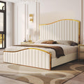 AMERLIFE King Size Bed Frame with 61.4' Tall Headboard, Velvet Upholstered Platform Bed with Gold Trim & Footboard, Wooden Slat Support, No Box Spring Needed, Cream