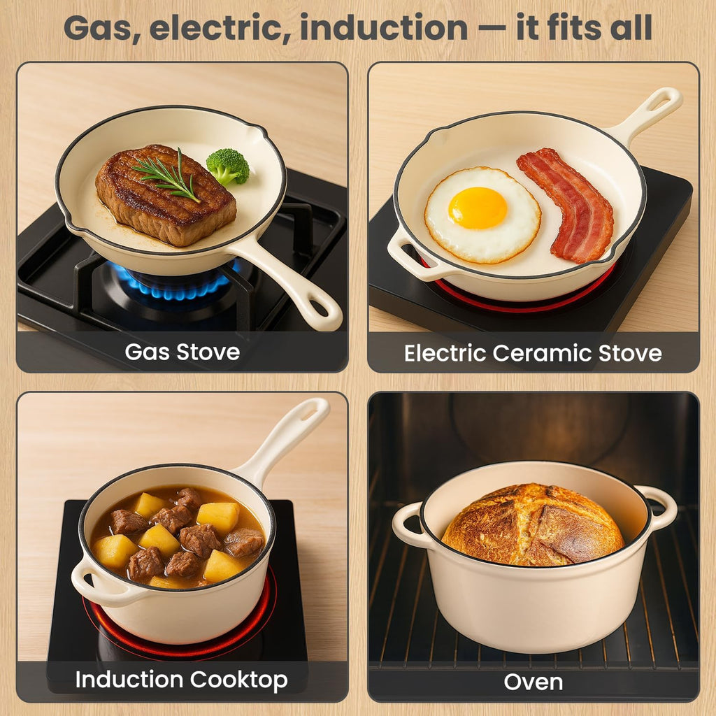 QuliMetal Enameled Cast Iron Cookware Set, 5-Piece Pots and Pans Set with Lids, Skillet, Frying Pan, Saucepan & Dutch Oven for All Stovetops, PFOA Free, Ideal for Sourdough Bread Baking