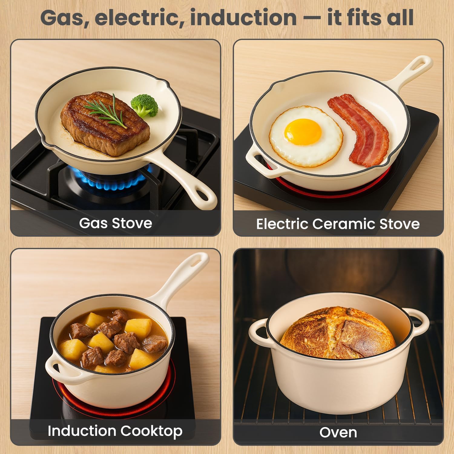 QuliMetal Enameled Cast Iron Cookware Set, 5-Piece Pots and Pans Set with Lids, Skillet, Frying Pan, Saucepan & Dutch Oven for All Stovetops, PFOA Free, Ideal for Sourdough Bread Baking