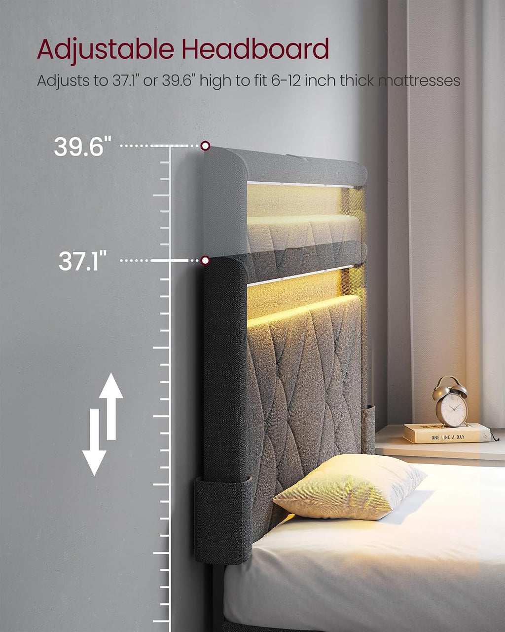 VASAGLE LED Bed Frame Twin Size, Twin Bed with Headboard and 4 Drawers, 1 USB Port and 1 Type C Port, Adjustable Upholstered Headboard 37.1/39.6 Inches, No Box Spring Needed, Dark Gray URMB823G71