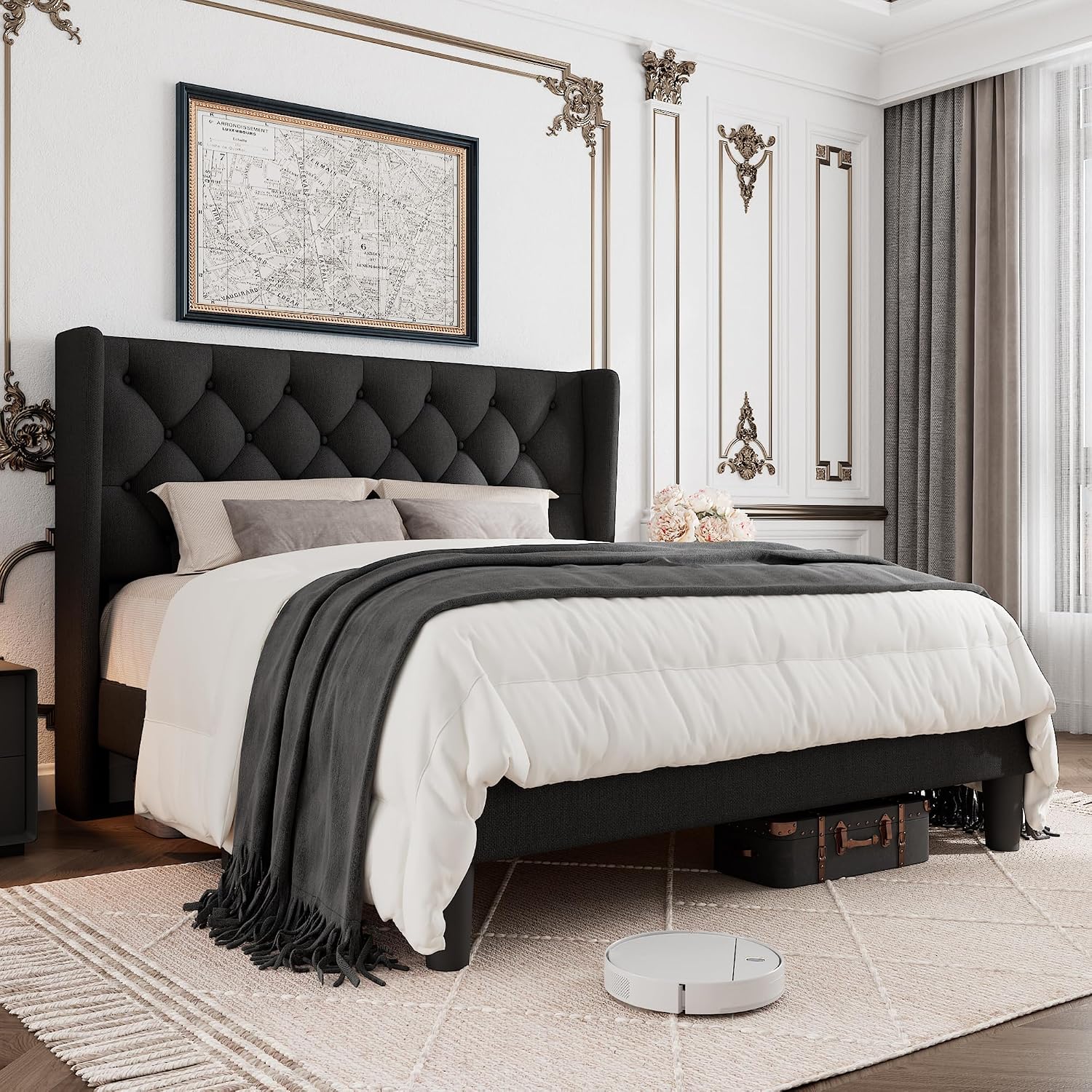 GalnFu Queen Size Bed Frame with Button Tufted Headboard, Upholstered Platform Bed Frame with UnderBed Storage, Wooden Slats Supports, Noise Free, No Box Spring Needed, Easy Assembly, Black