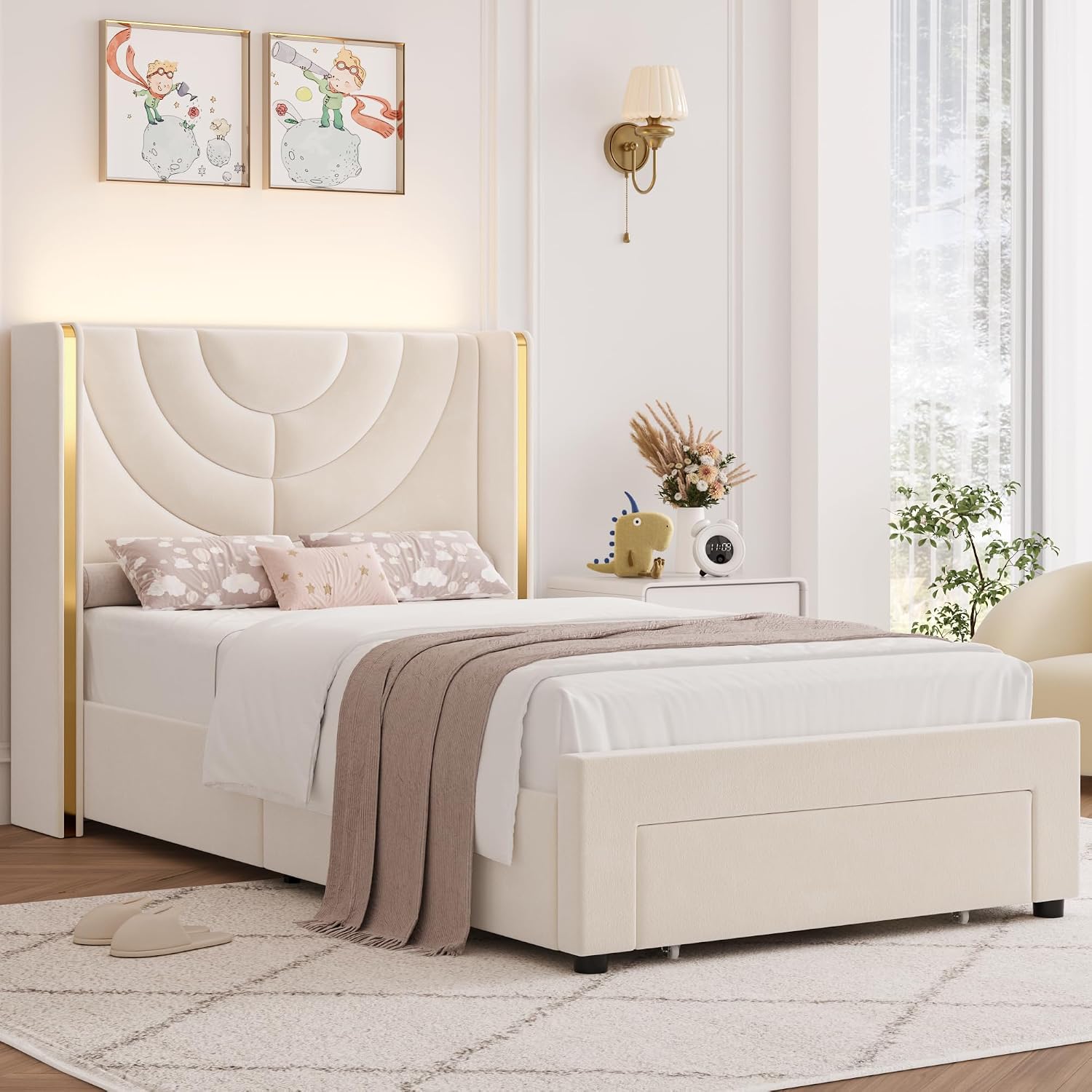 HITHOS Twin Upholstered LED Bed Frame with Storage Drawer, Velvet Kids Bed with Wingback Headboard, Princess Twin Platform Bed for Girls/Kids, Solid Wood Slats Support, No Box Spring Needed, Beige