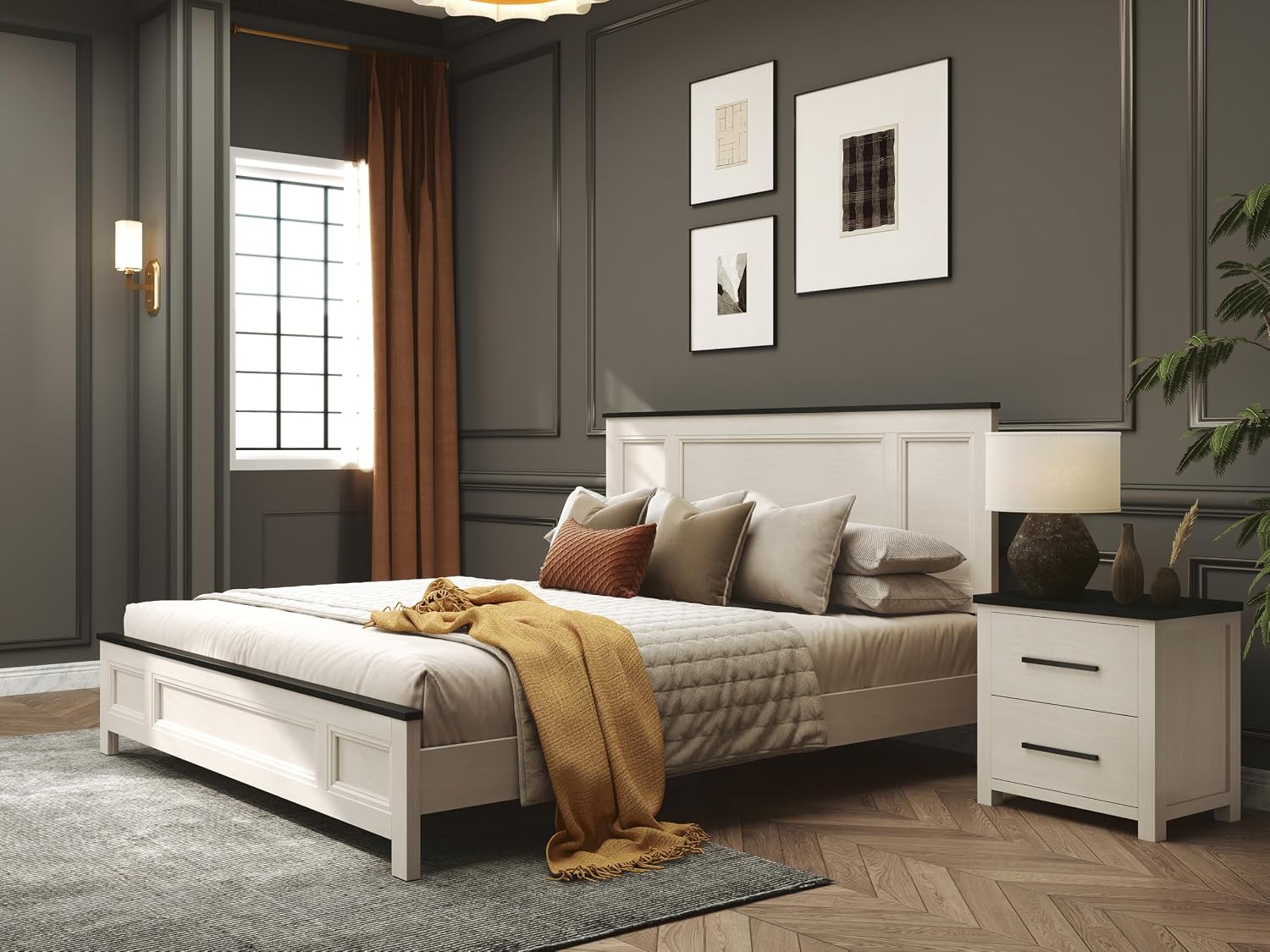 Roundhill Furniture Realynn 3-Piece Wood Bedroom Set, King Size Panel Bed with 2 Nightstands, Off-White Finish
