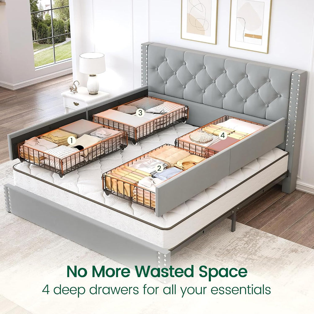 LARMACE Queen Size Bed Frame Upholstered Platform Bed with 4 Storage Drawers and Tufted Headboard Bed Frame with Heavy Duty Wood Slats, No Box Spring Needed, Easy Assembly, Bluish Grey