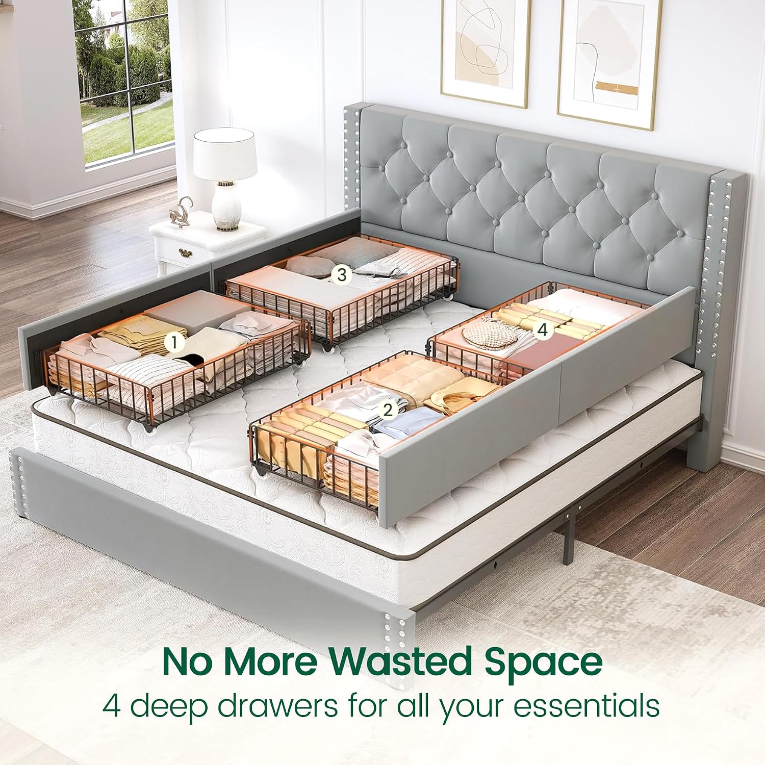 LARMACE Queen Size Bed Frame Upholstered Platform Bed with 4 Storage Drawers and Tufted Headboard Bed Frame with Heavy Duty Wood Slats, No Box Spring Needed, Easy Assembly, Bluish Grey