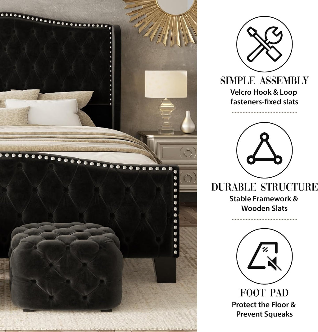 Queen Size Bed Frame with Tall Headboard Upholstered Bed Frame King Platform Bed Luxury Wingback Headback No Box Spring Needed, Mattress Foundation, Easy Assembly-Black