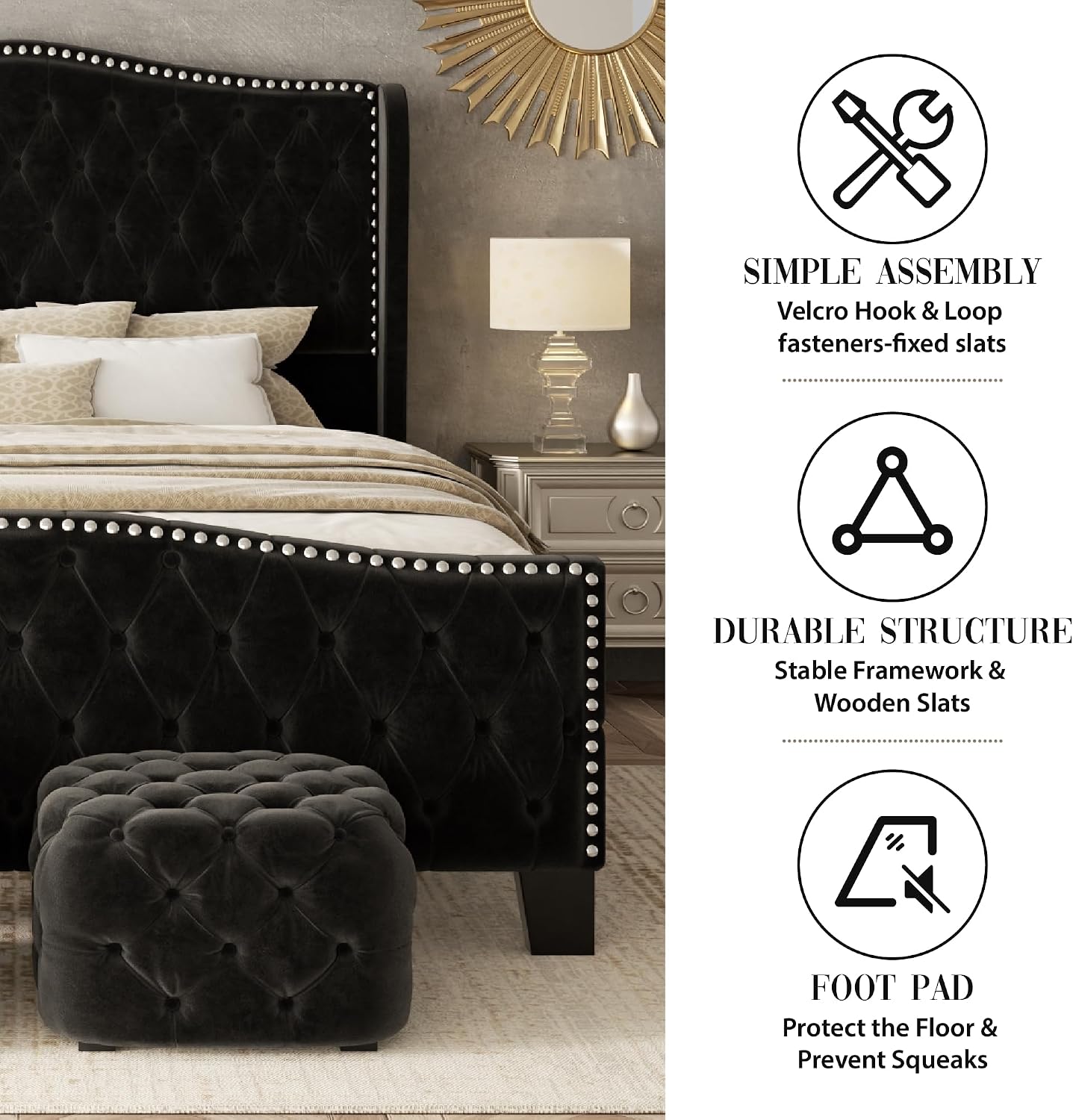 Queen Size Bed Frame with Tall Headboard Upholstered Bed Frame King Platform Bed Luxury Wingback Headback No Box Spring Needed, Mattress Foundation, Easy Assembly-Black