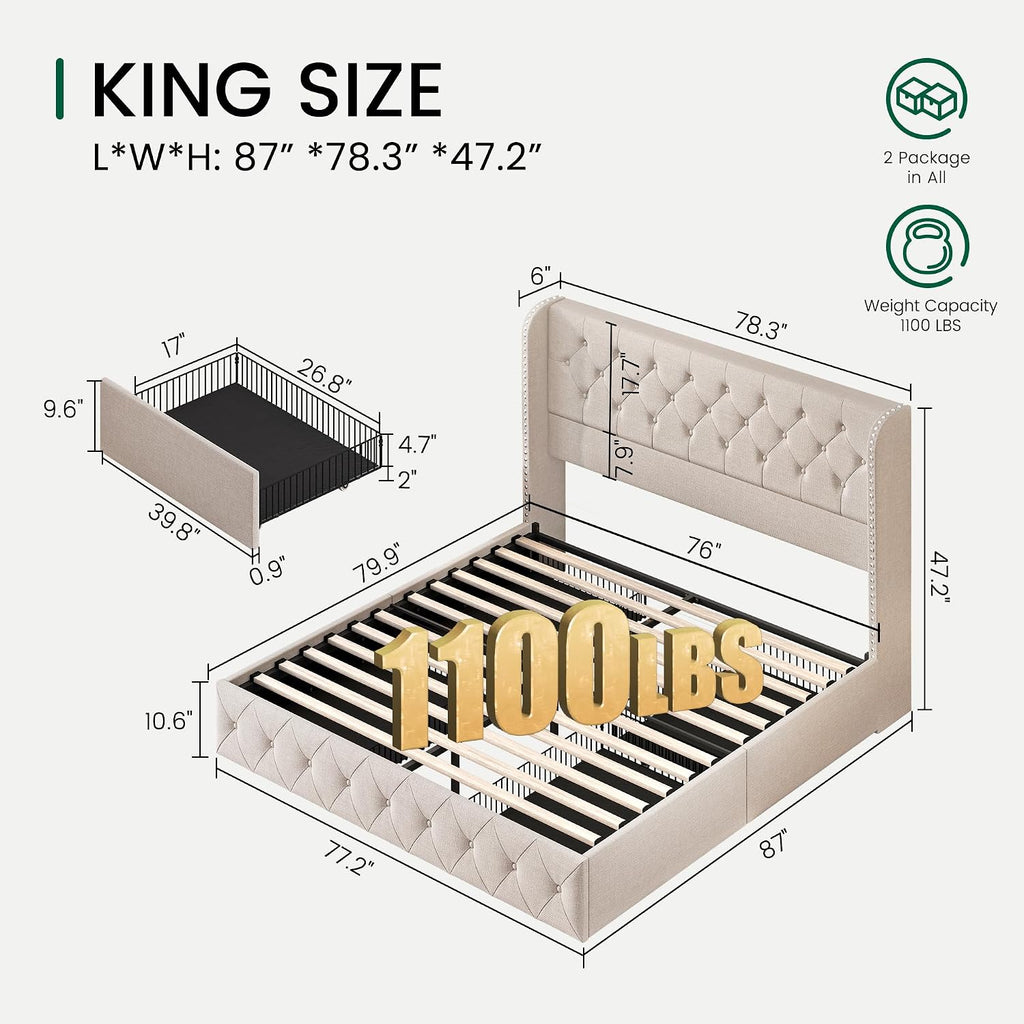 LARMACE King Size Bed Frame with 4 Storage Drawers and 47.2' Tall Tufted Headboard Linen Upholstered Platform Bed Frame Wingback Beds with Wooden Slats Support, Easy Assembly, Beige