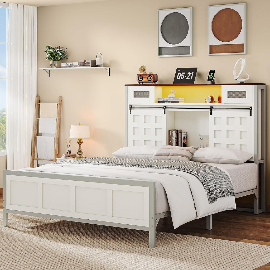 YITAHOME Queen Farmhouse Bed Frame,49.14' Tall Headboard with Storage and Bookcase Led Light & Charging Station, Sliding Barn Door, Wooden Platform Bed Frame, No Box Spring Needed, White