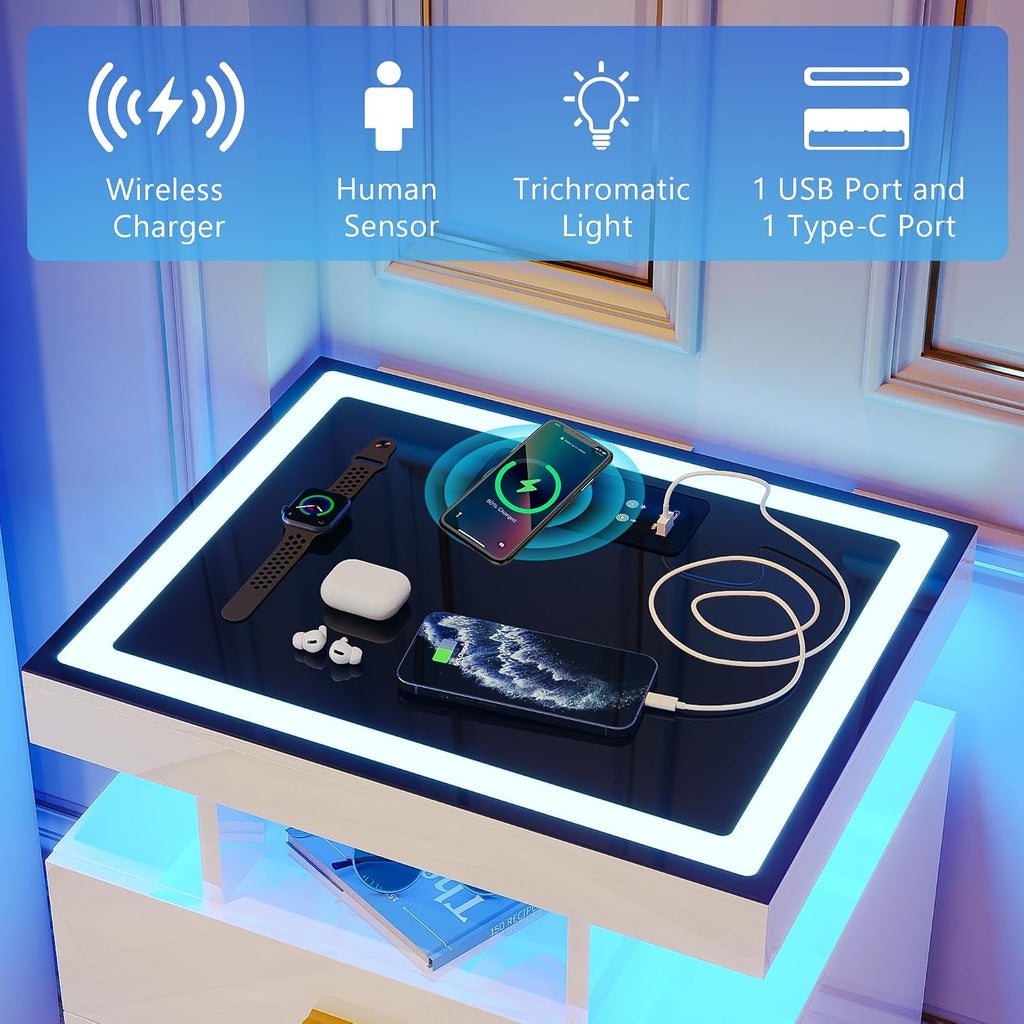 Lvifur LED Nightstand with Wireless Charging Station, Auto Sensor 3 Color Dimmable Night Stand, Modern Bedside Table with 3 Drawers & 3 Open Compartments for Bedroom, White