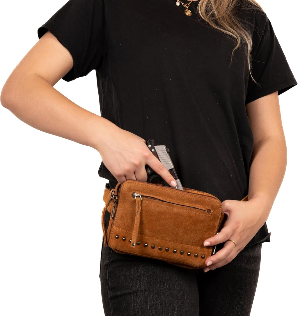 Lady Conceal Kailey Concealed Self Defence Waist Bag by Lady Conceal - Buffalo or Suede Cowhide Leather, 3 Open Sides and Locking Zippers with Universal Holster (Chestnut) - 8' L x 5.5' H x 2.25'
