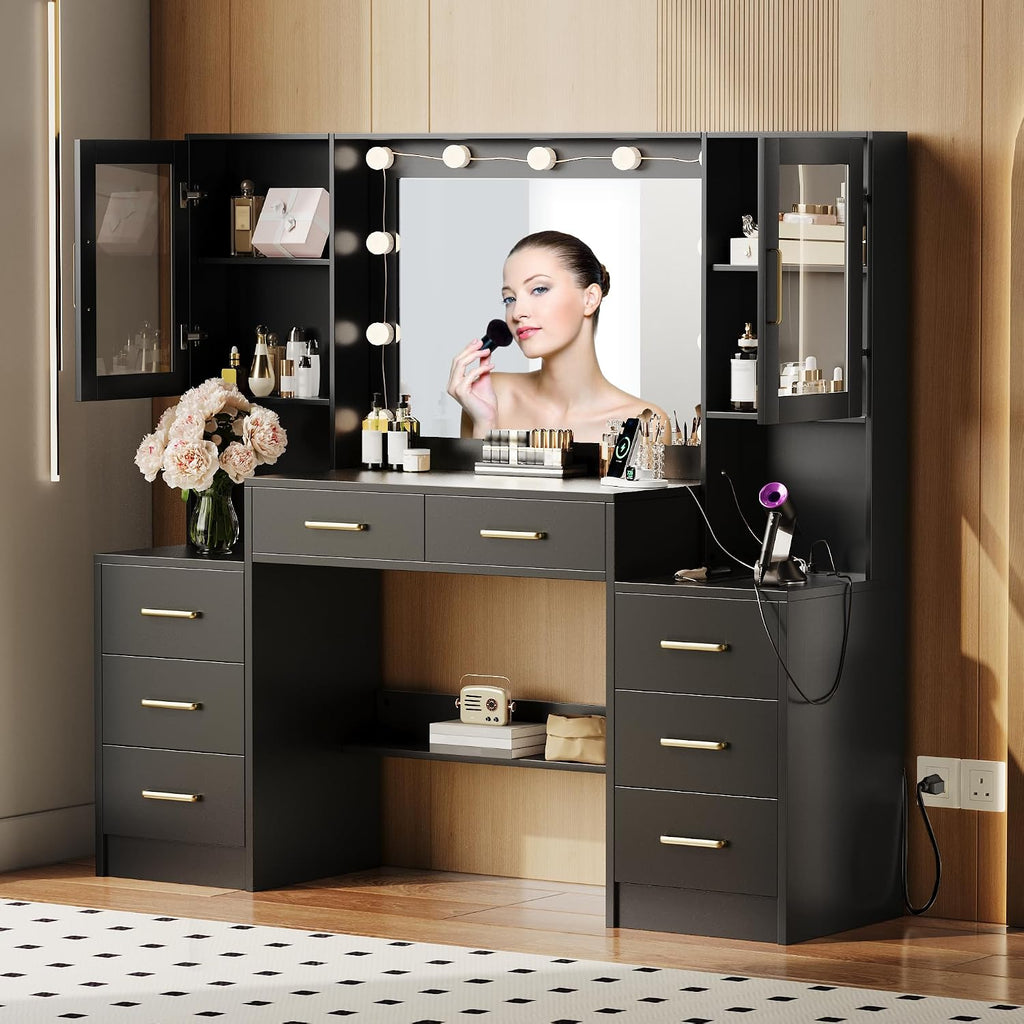 TOKSOM Black Vanity Desk with Mirror, Lights & Charging Station, 58.3' 3 Lighting Modes Makeup Desk with 8 Drawers, 2 Cabinets and Lots Storage, Dressing Table Vanity Set with Lighted Mirror