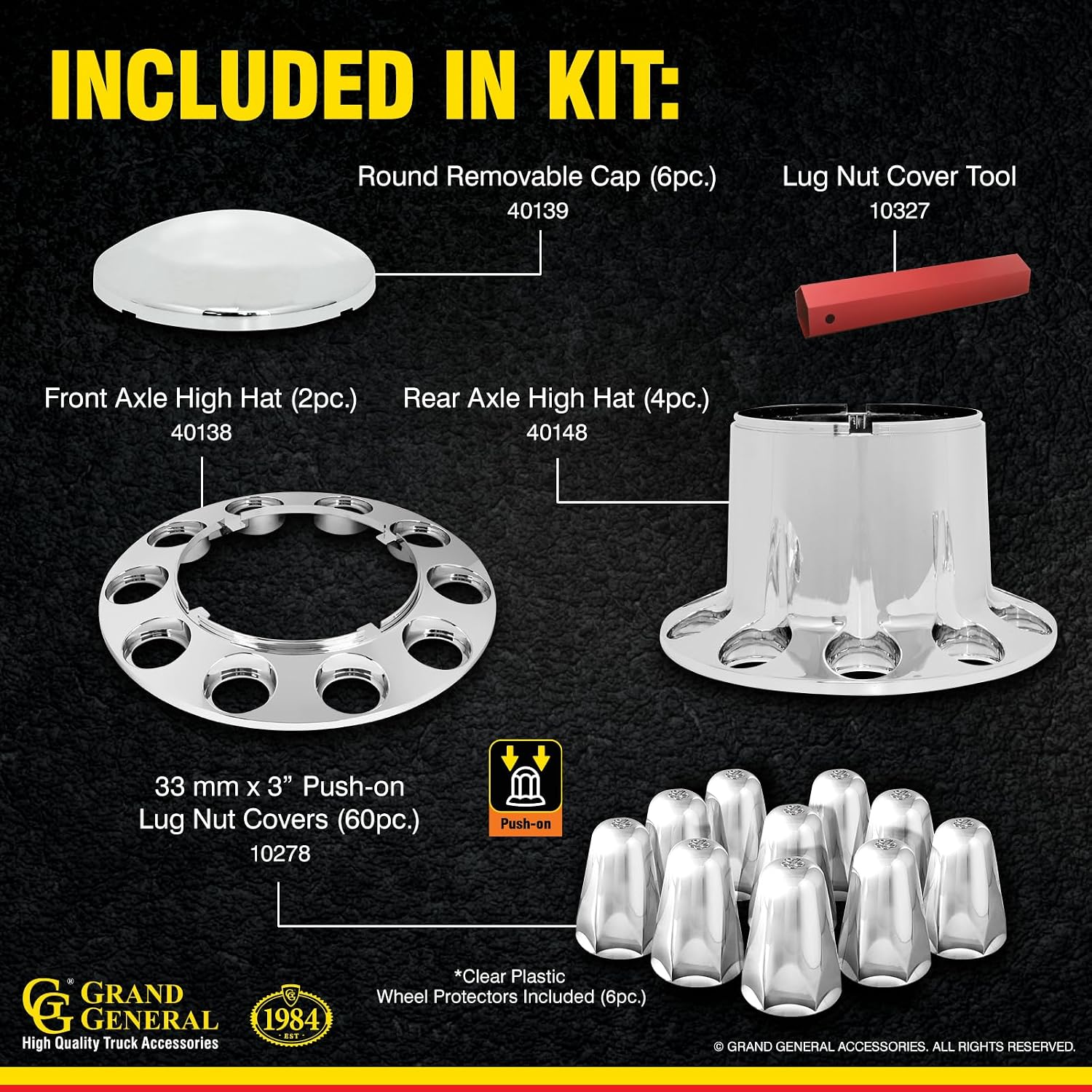 GG Grand General 40232 Chrome Plastic Complete ABS Axle Set (2 Front and 4 Rear) with Standard Hub Caps and Push-On 33mm Lug Nut Covers for Trucks, 4 Pack