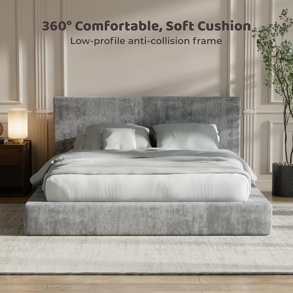 RECCI AirFrame Queen Bed Frame with Headboard, Cloud Upholstered Platform Bed Frame, 5 Inch Foam Cushioned, No Box Spring, Easy Assembly(Moon Grey)