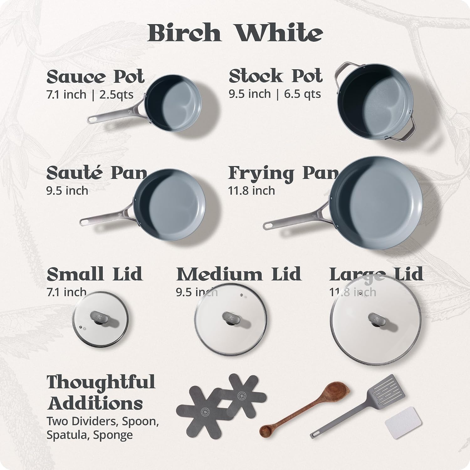 Premium Non-Toxic Ceramic Cookware Set – Triple-Layer Nonstick 12 Piece Pots and Pans with Lids, PFAS-Free, Oven Safe for Healthy Meals, Space-Saving Design, Birch White Color | Greater Goods