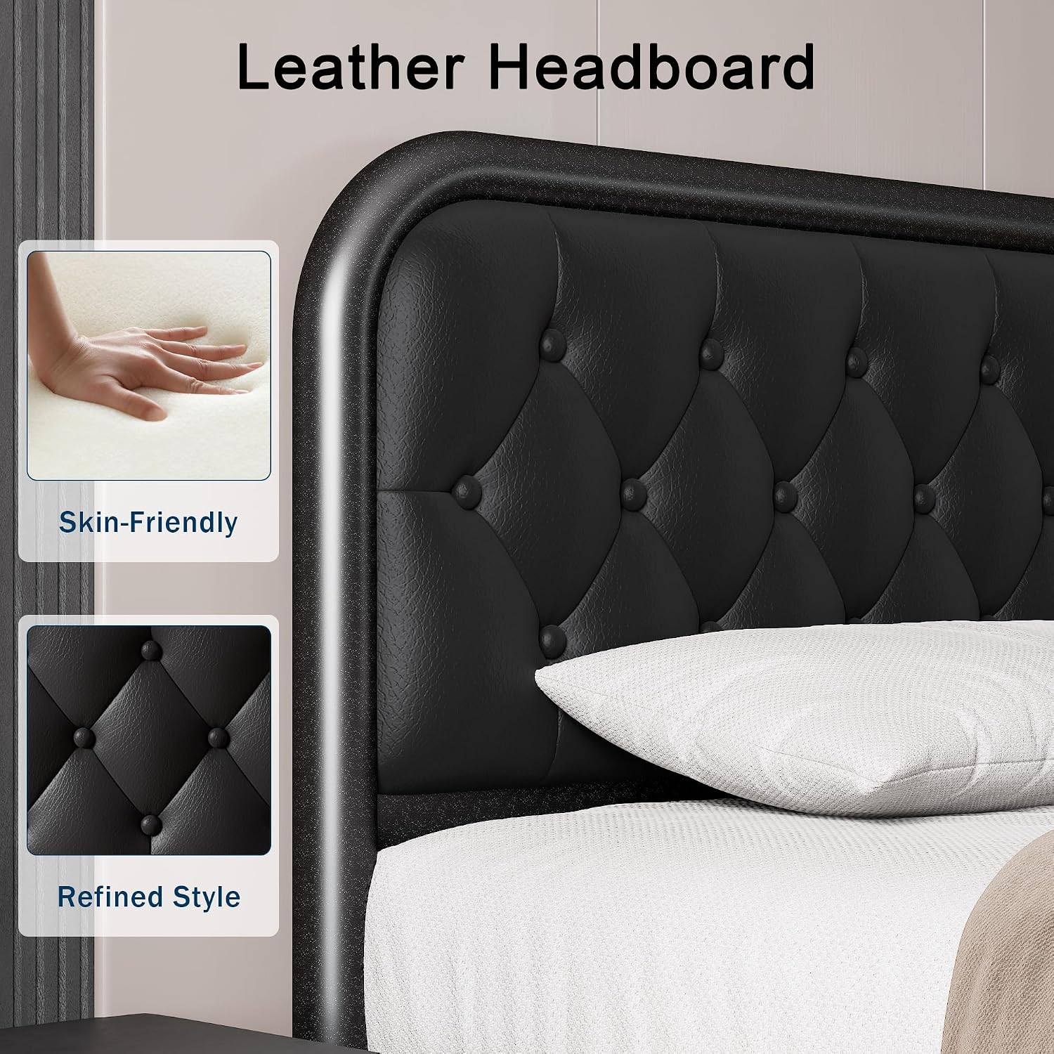 GalnFu Full Metal Bed Frame, Upholstered Bed with Leather Button-Tufted Headboard & Footboard, Heavy-Duty U-Shape Platform Bed, Easy Assembly, Black