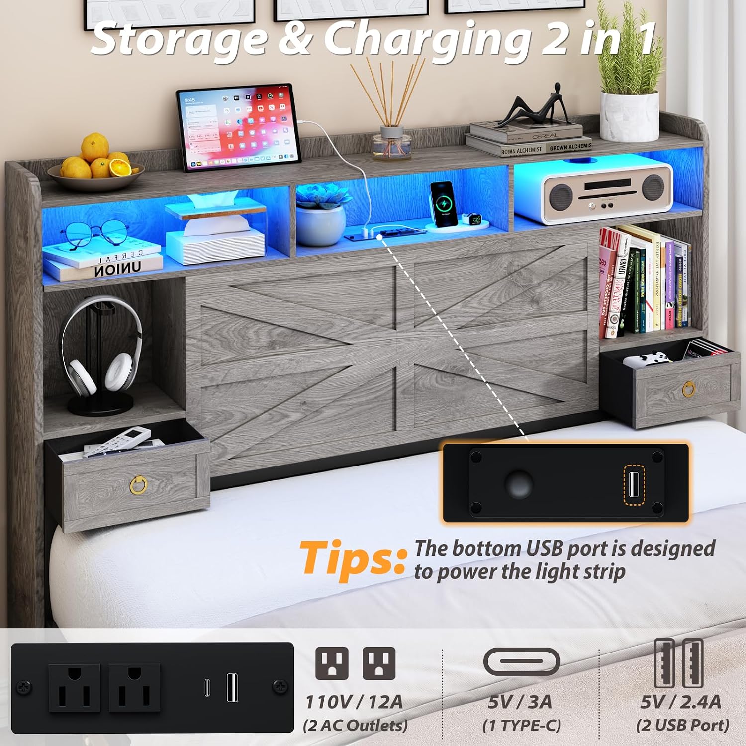 TIGUBFRE Full Bed Frame with Storage Headboard, Farmhouse Wood Bed Frame Full Size with 4 Drawers, LED Light & Charging Station, Metal Slats Support, Noise Free, No Box Spring Needed, Rustic Gray