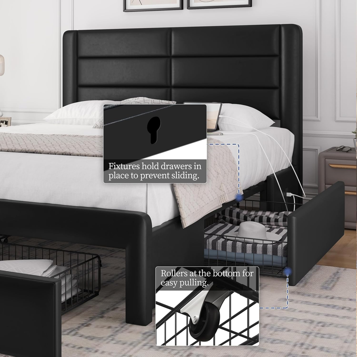 Yaheetech Queen Size Bed Frame Platform with 2 USB Charging Station/Port for Type A&Type C/3 Storage Drawers, Leather Upholstered with Headboard/Solid Wood Slat Support/No Box Spring Needed/Black