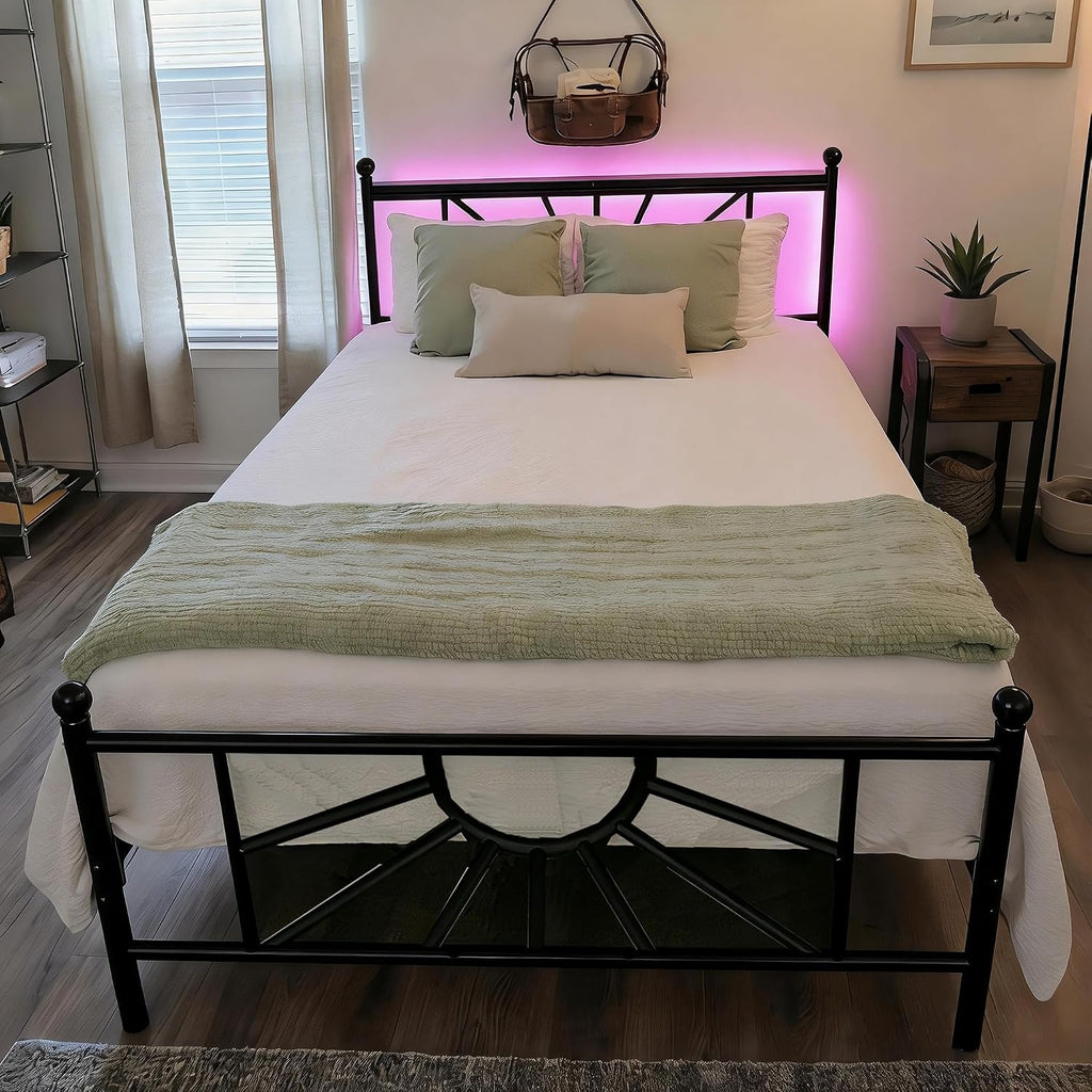 Homkdom 14 inch Queen Size Metal Platform Bed Frame with Headboard, Victorian Queen Bed Frame with Under Bed Storage/No Box Spring Needed/Noise-Free/Easy Assembly, Black