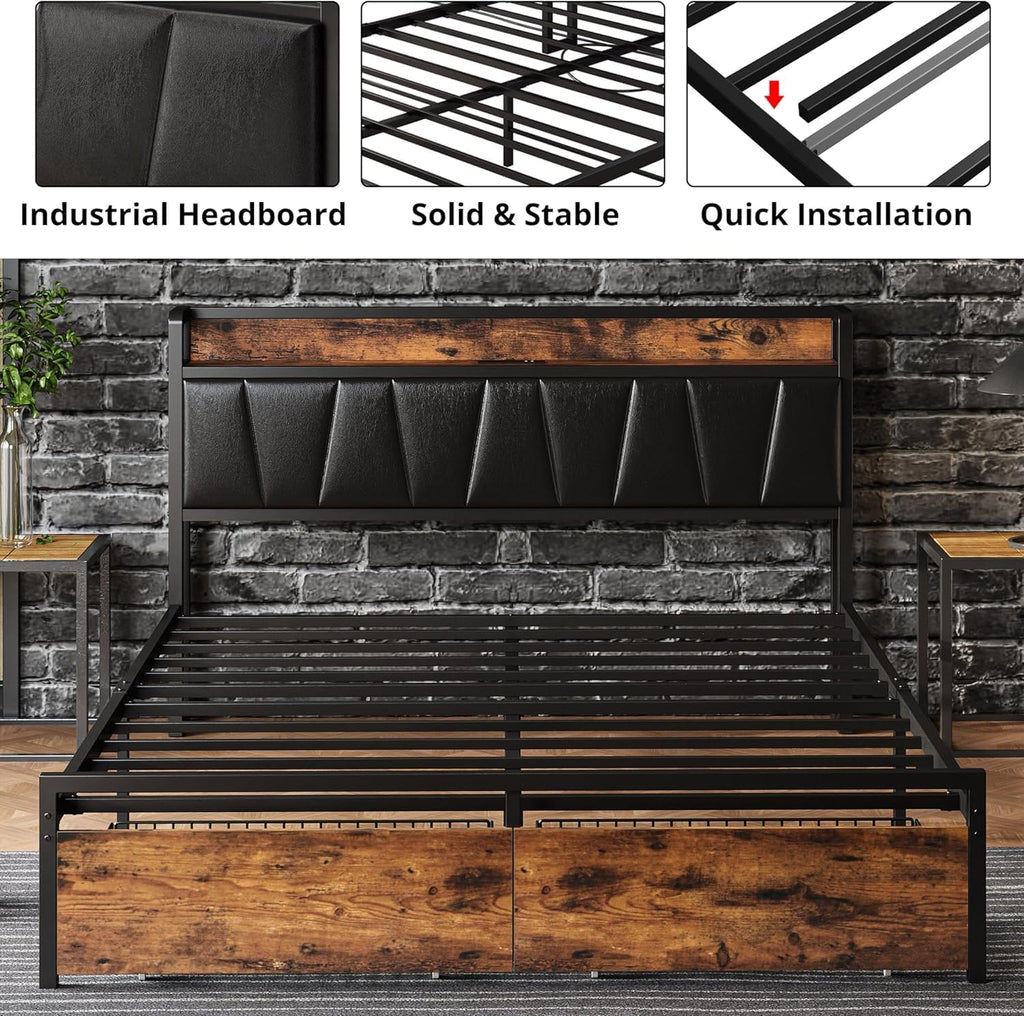 LIKIMIO Full Size Bed Frame, Storage Headboard with Charging Station, Platform Bed with Drawers, No Box Spring Needed, Easy Assembly, Industrial Brown and Black