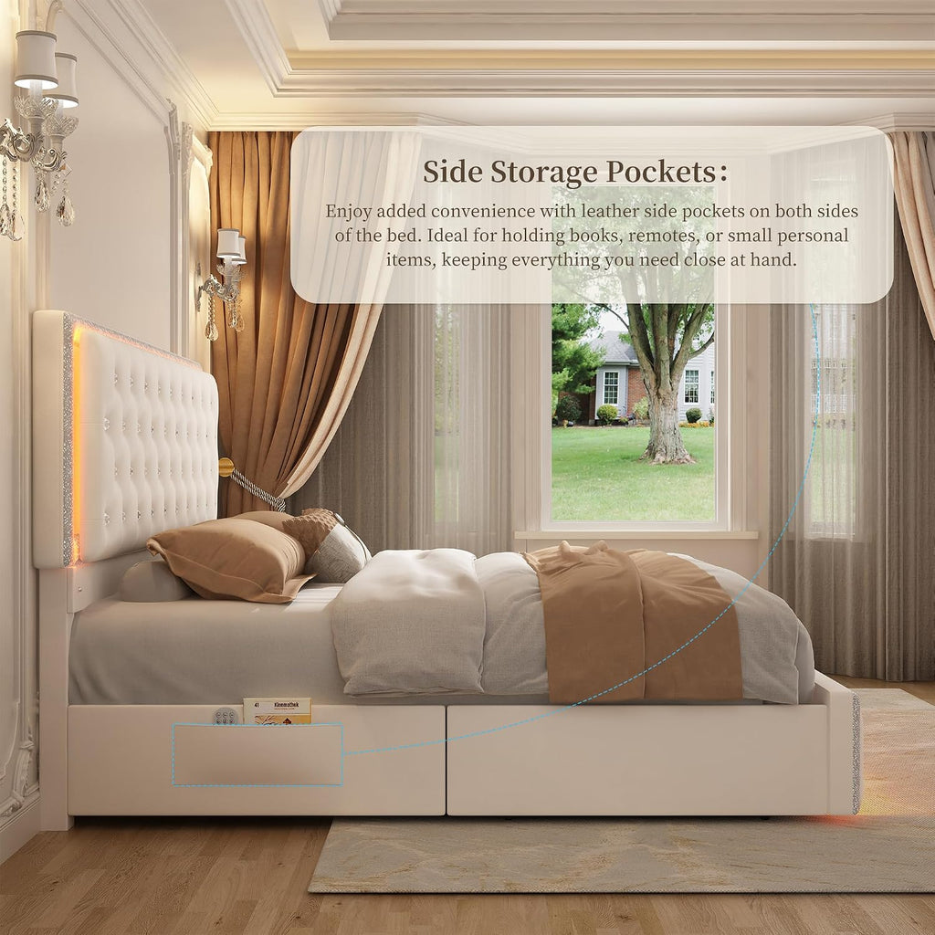 SIBEDS Queen LED Bed Frame with 2 Drawers, Storage Platform Beds with Upholstered Crystal Button Tufted Headboard Footboard, 2 Side Pockets, No Box Spring Needed, Velvet Cream