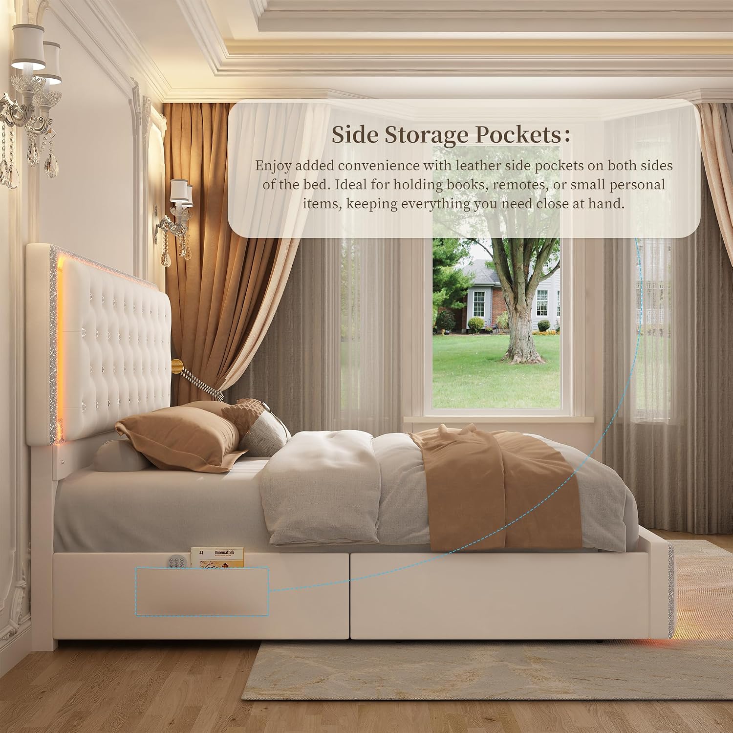 SIBEDS Queen LED Bed Frame with 2 Drawers, Storage Platform Beds with Upholstered Crystal Button Tufted Headboard Footboard, 2 Side Pockets, No Box Spring Needed, Velvet Cream