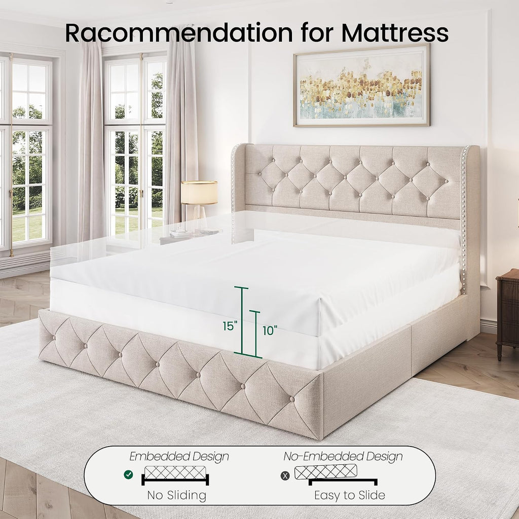 LARMACE Queen Size Bed Frame with 4 Storage Drawers and 47.2' Tall Tufted Headboard Linen Upholstered Platform Bed Frame Wingback Beds with Wooden Slats Support, Easy Assembly, Beige