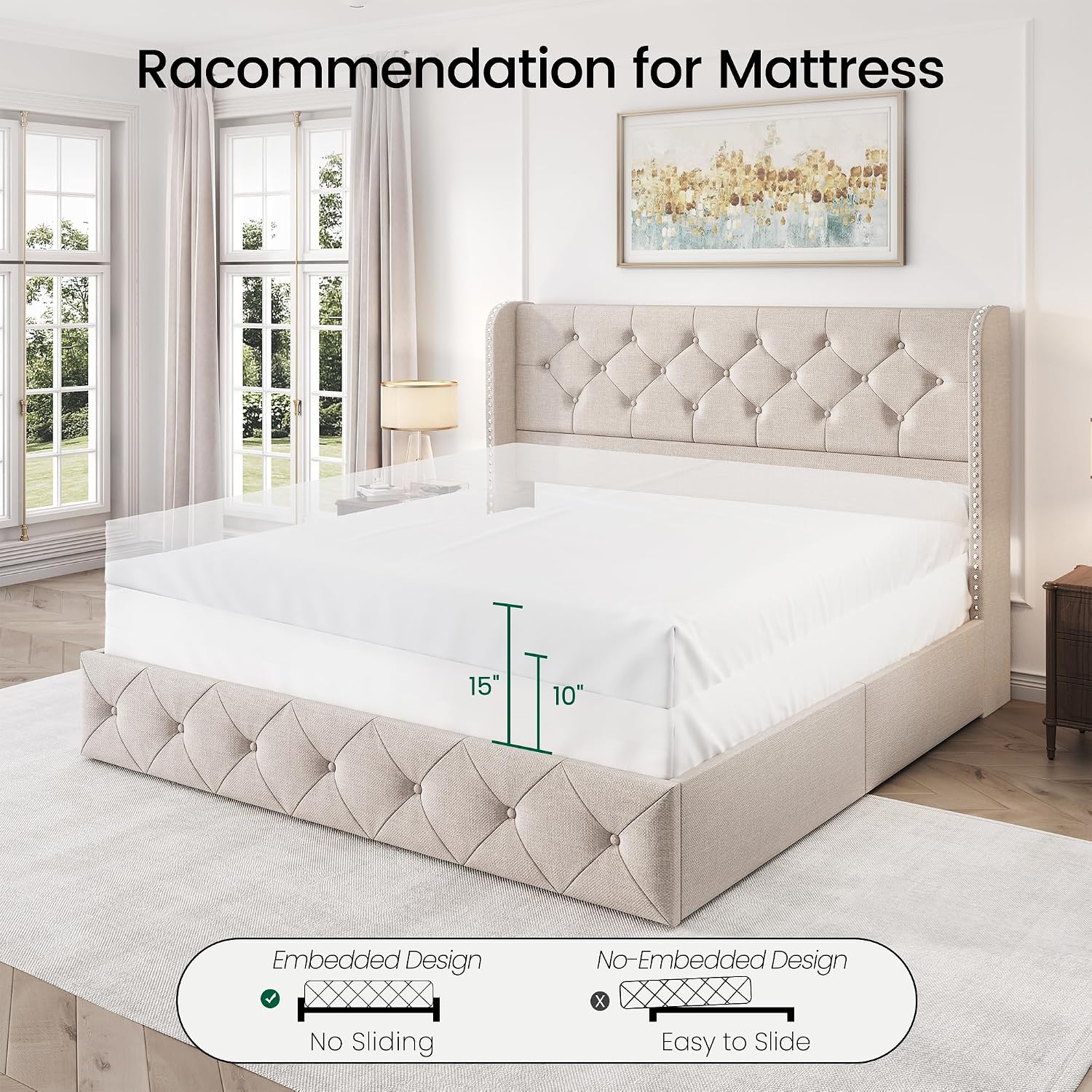 LARMACE Queen Size Bed Frame with 4 Storage Drawers and 47.2' Tall Tufted Headboard Linen Upholstered Platform Bed Frame Wingback Beds with Wooden Slats Support, Easy Assembly, Beige