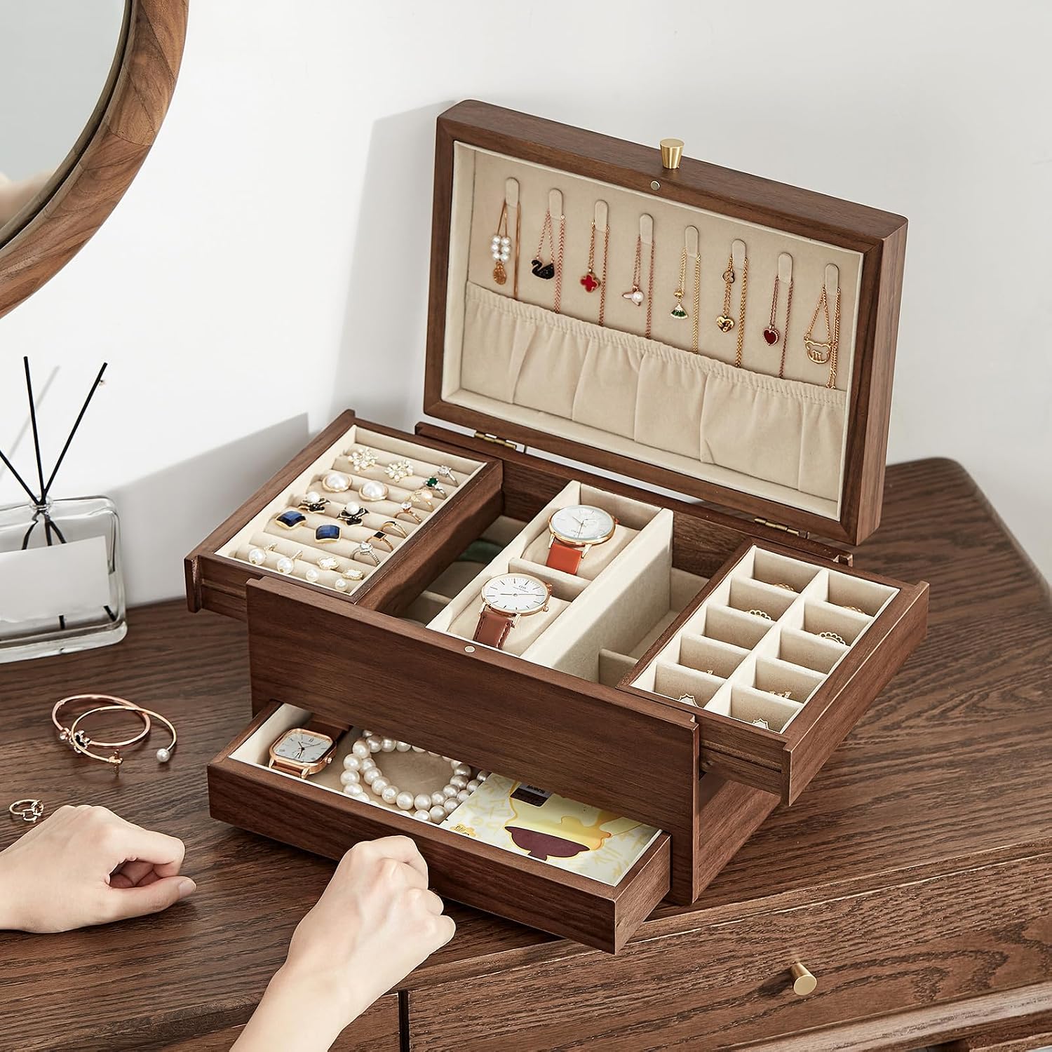 Wooden Jewelry Box for Women, 3 Level Multi-functional Drawers Black Walnut Jewelry Organizer Box, Watch, Necklace, Ring, Earring Storage - Mothers Day Gifts for Mom (No Mirror)