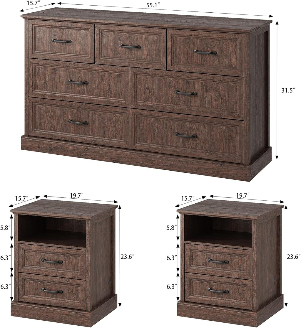 CARPETNAL Farmhouse Dresser and Nightstand Sets for Bedroom, 3 Pcs Bedroom Set, 7 Drawer Dresser & Nightstand Set of 2, Modern Wood Chest of Drawers for Bedroom, Living Room, Entryway, Brown
