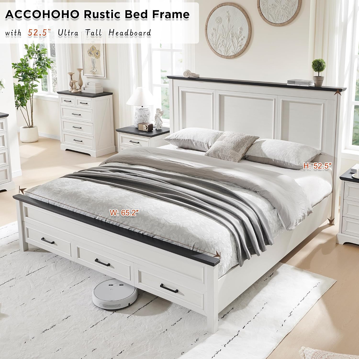 ACCOHOHO Farmhouse Queen Size Bed Frame with 52' Tall Headboard, Wood Platform Bedframe with Footboard and Storage Drawers, No Squeak, No Box Spring Needed, Off White