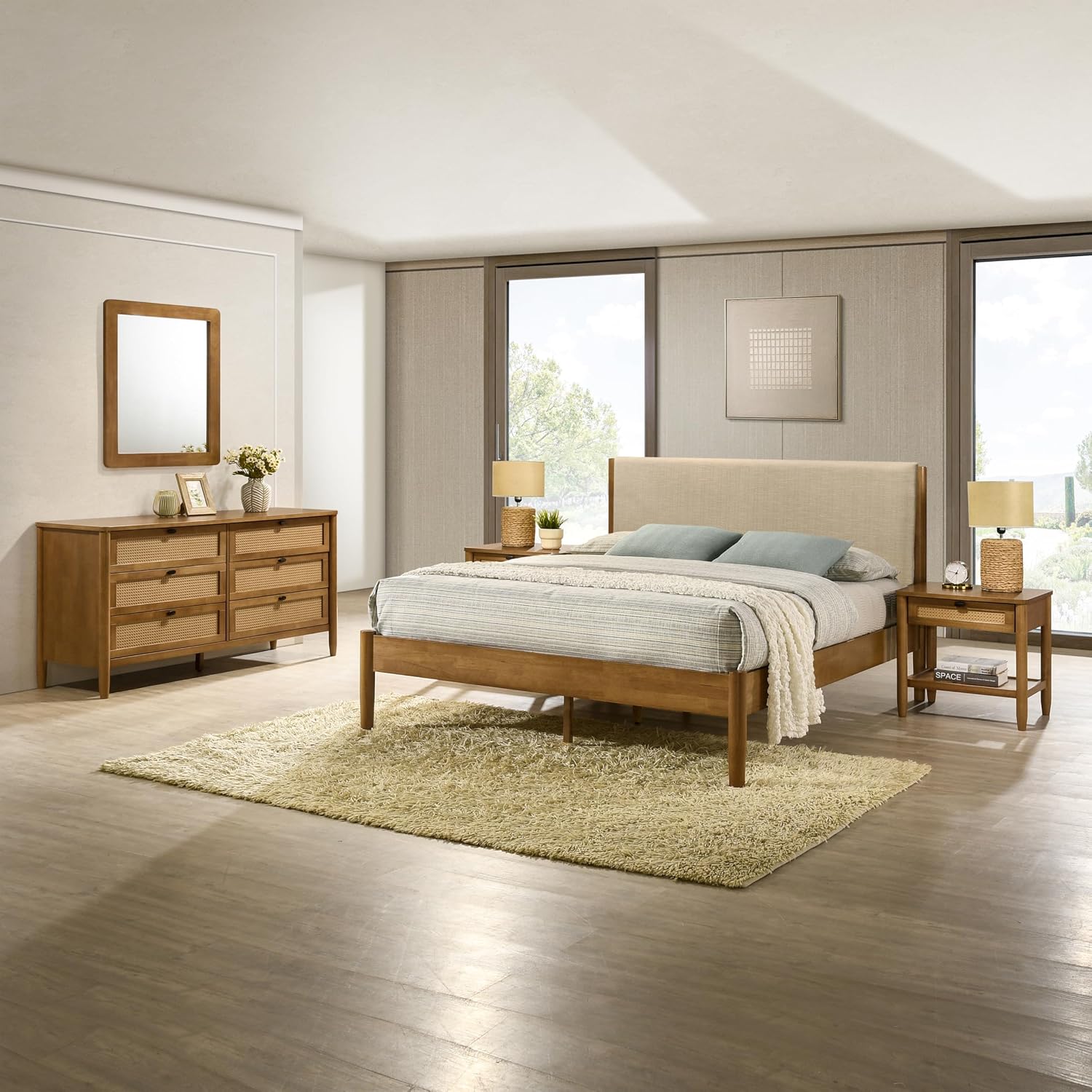 Roundhill Furniture Vichy 5-Piece Rubberwood Bedroom Set with Textured Polyester Upholstered Queen Bed, Chest, Dresser, Mirror, and 2 Nightstands
