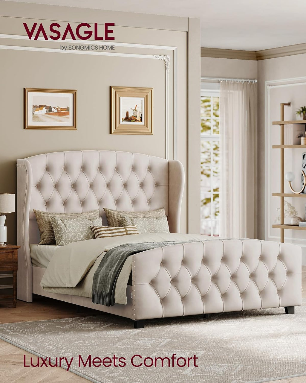 VASAGLE Queen Bed Frame with Tall Headboard, Upholstered Platform Bed Frame Queen Size, with Wingback Tufted Headboard and Footboard, Wooden Slats, No Box Spring Needed, Cappuccino Beige URMB881W01