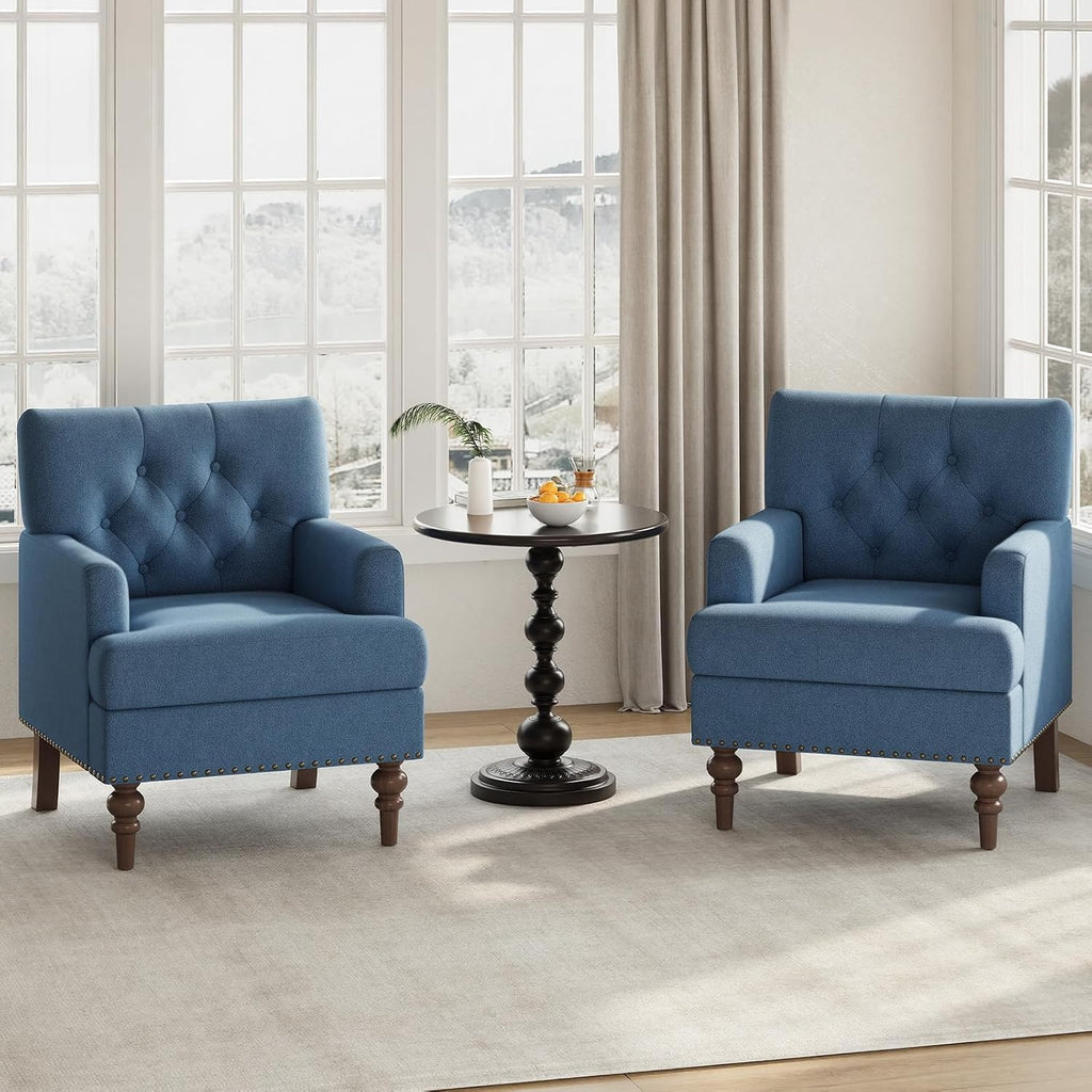 MALOL Upholstered Accent Chair with Thick Cushion, High Back Reading Chair, Linen Blend Armchair with Solid Rubberwood Legs for Living Room, Bedroom, Reading, Apartment & Small Spaces,Blue,Set of 2