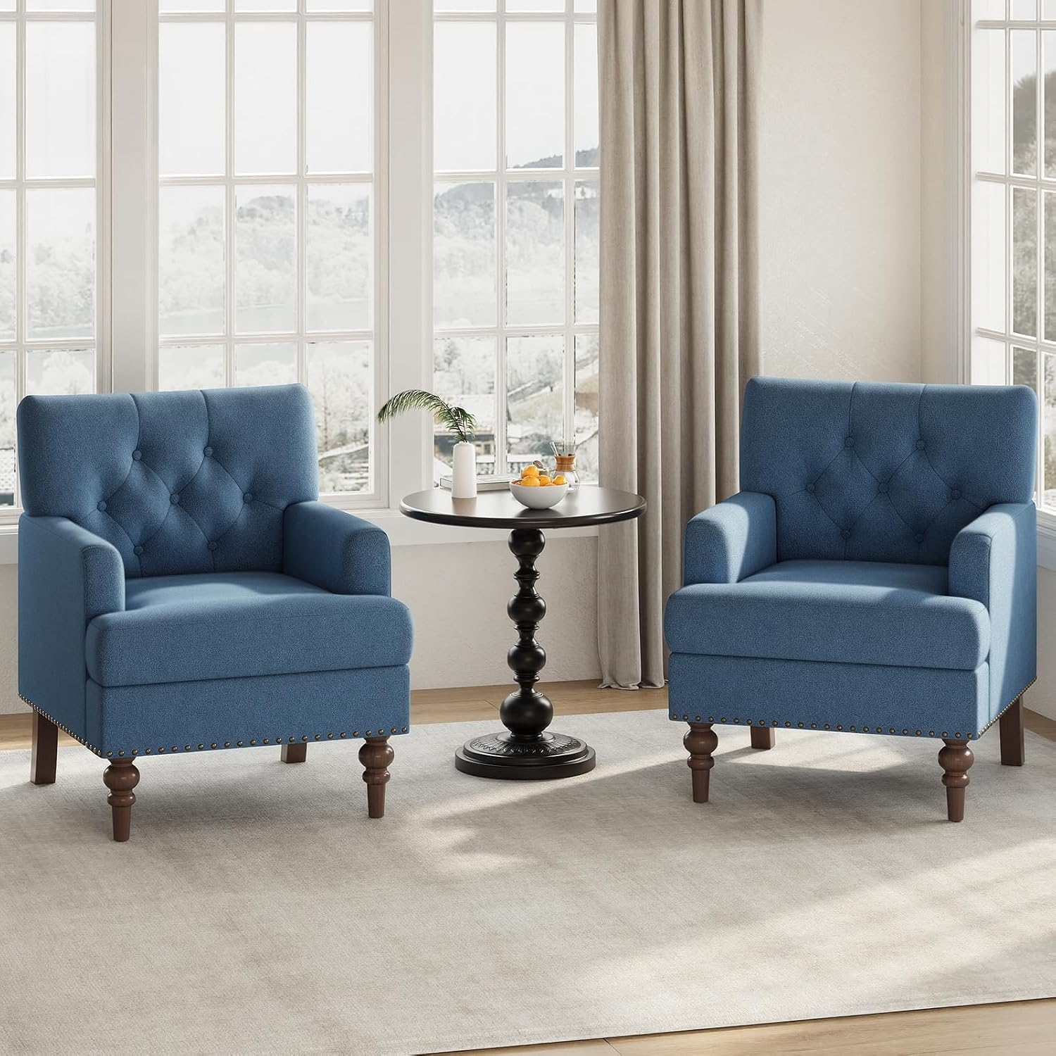 MALOL Upholstered Accent Chair with Thick Cushion, High Back Reading Chair, Linen Blend Armchair with Solid Rubberwood Legs for Living Room, Bedroom, Reading, Apartment & Small Spaces,Blue,Set of 2
